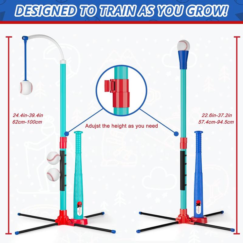 3-in-1 Baseball Set Kids Toy: Hanging Hitting Tee Ball Set for Toddlers + Youth with Auto Ball Launcher 6 balls 2 Bats Outdoor&Indoor Sports Toy Birthday Gifts for 3 4 5 6 7 8 8-12 years old Boys Girl