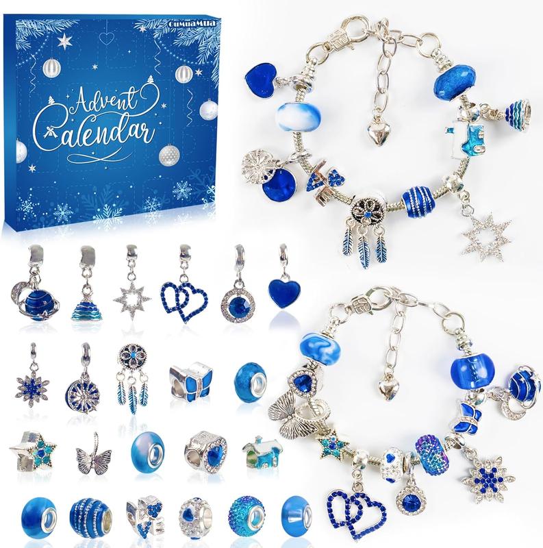 OuMuaMua Advent Calendar Charm Bracelets DIY Kit for Girls with Blue Beads - 24 Days Countdown Calendar Xmas Gift for Kids, Teens and Adults