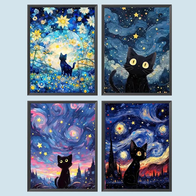 Starry Sky Cat Pattern DIY Diamond Art Painting Without Frame, 4 Counts DIY 5D Diamond Arts Painting Kit, Wall Art Decor For Home Living Room Bedroom, Christmas Gift