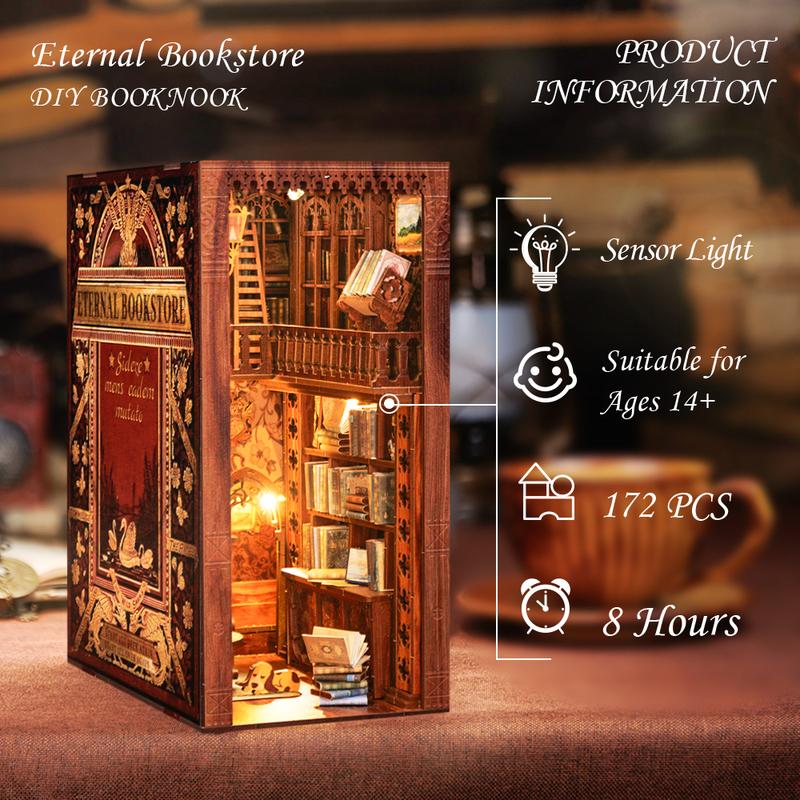 CUTEBEE Book Nook Kit - DIY Miniature House Dollhouse Kit for Adult and Teens, Booknook Bookshelf Decor Alley Model Build with LED Light, Gifts for Family and Friends (Eternal Bookstore)