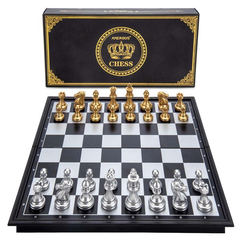 10'' Magetic Travel Chess Set, Plastic Portable Folding Chess Board Game with Gold and Silver Chess Pieces - 2 Extra Queens - Chess for Beginner, Kids, Adults