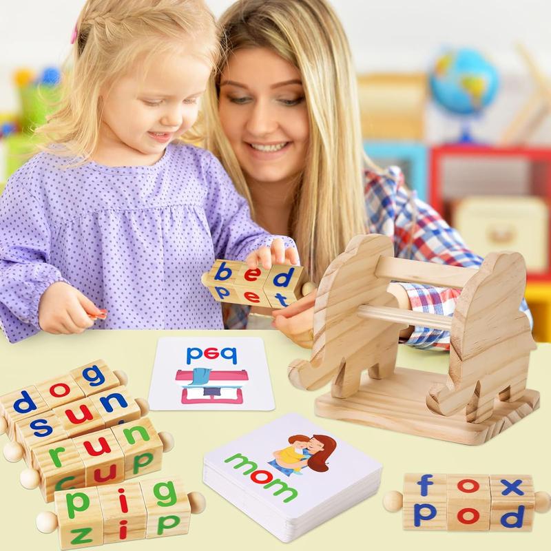 Christmas gift Montessori Learning Toys for Kids Ages 3-5: Wooden Reading Blocks and Rotating Flash Card Games Christmas gift