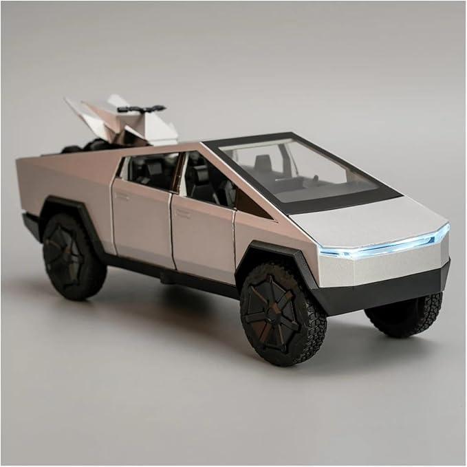 Realistic alloy Tesla Cybertruck 1:32 scale pickup model toy, pull back car with music and lights, complete with a small tesla motocross Cyberquad