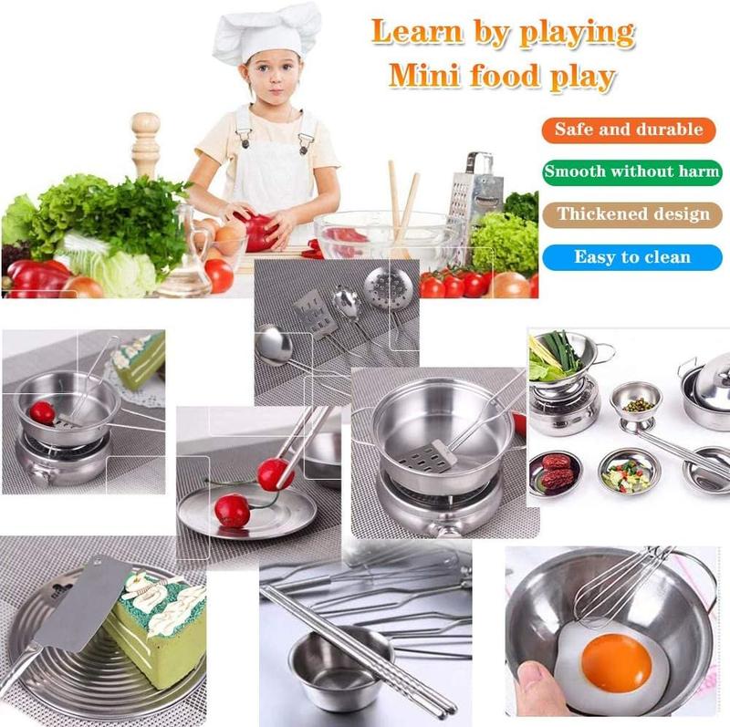 Classic Stainless Steel Kitchen Toys Cooking Utensils Set-Pretend Play Pots Pans Toy Cookware Kits for Kids Christmas, New year Gift