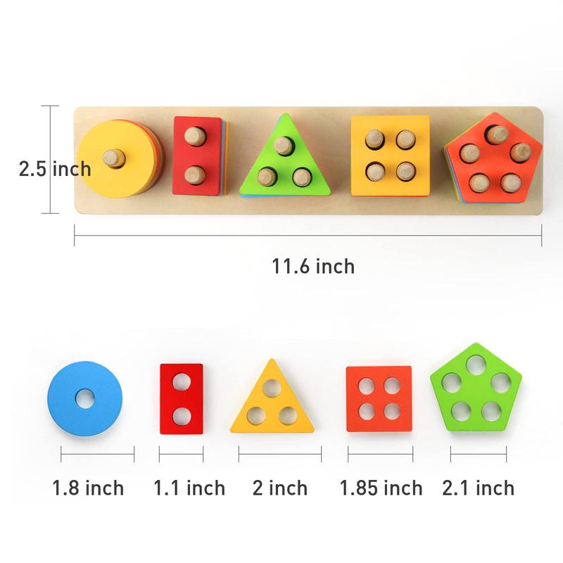 Wooden Sorting & Stacking Toy, Shape Sorter Toys for Toddlers, Montessori Color Recognition Stacker, Early Educational Block Puzzles for Kids Boys and Girls (5 Shapes)