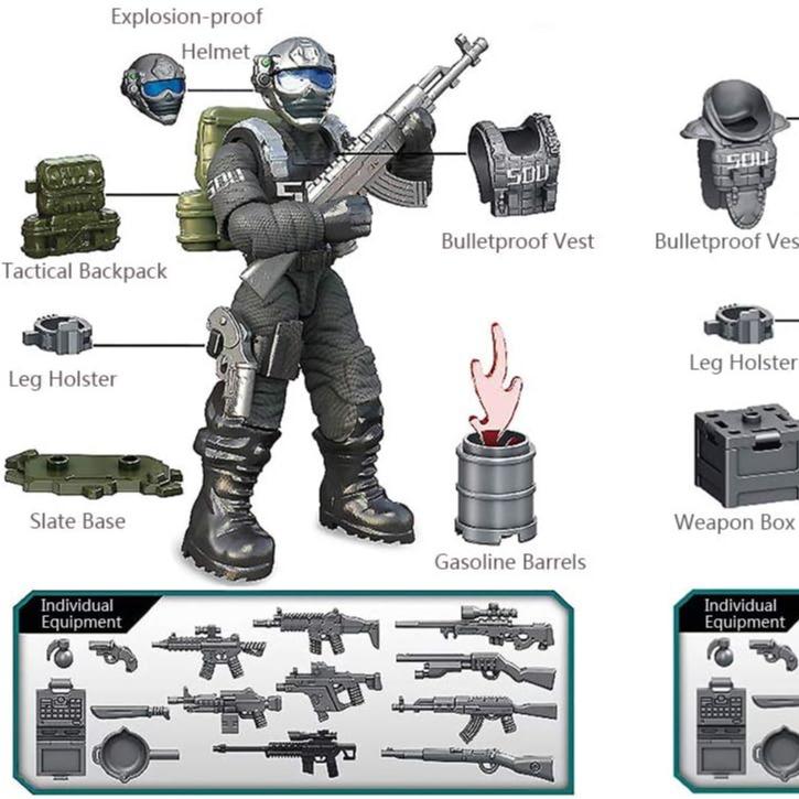 8 pcs Special Forces Mini Action Figure with Military Weapons and Accessories each measures about 2