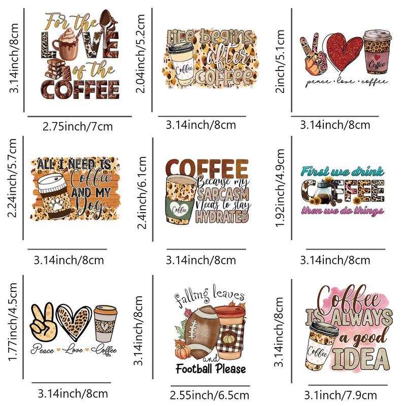 Coffee & Letter Pattern Heat Transfer Sticker, 9 Counts set Iron On Heat Transfer Sticker for DIY Clothes, Heat Transfer Sticker for T-shirt, Bags, Jacket, Sweater, Jeans, Clothes Decoration