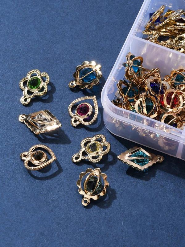 80pcs set Mixed Color  Flower & Heart & Round & Rhombus Charms, Rhinestone Decor Iron Pendant, Diy Jewelry Accessories for Bracelet Necklace