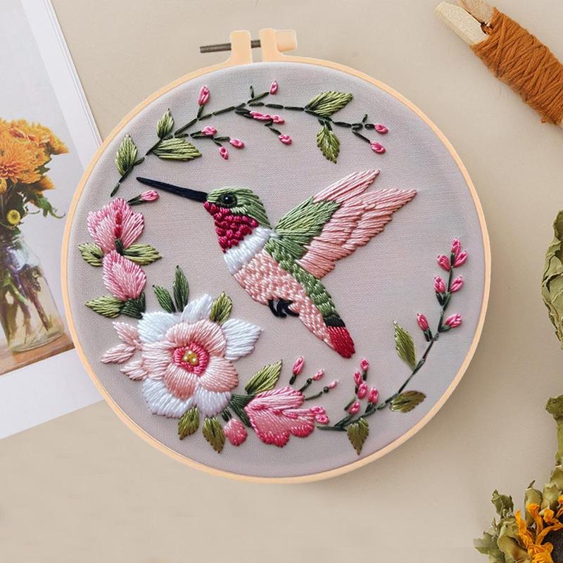 Bird & Flower Pattern DIY Embroidery Kit, 1 Set Embroidery with Hoop Suture Practice Kit for Adults, Handmade Unfinished Products Gifts