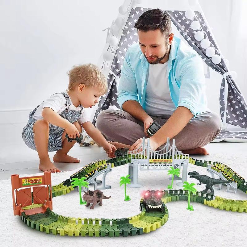 Dinosaur Glowing Rail Car Sets,Create A Dinosaur World Road Race,244 252 458 Flexible Track Sets Dinosaur Car Best Christmas Birthday Gift