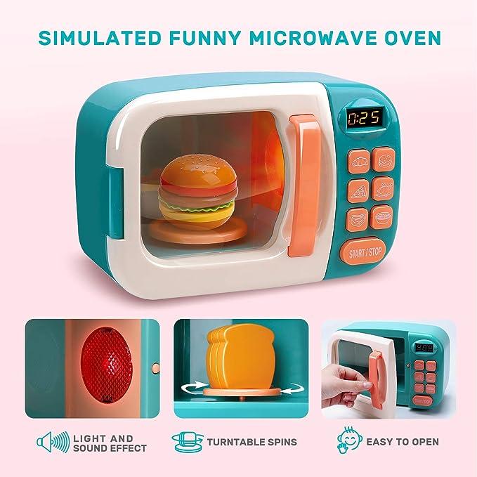 CUTE STONE Microwave Toys Kitchen Play Set, Pretend Play Electronic Oven with Play Food, Cookware Pot and Pan Toy Set, Great Learning Gifts