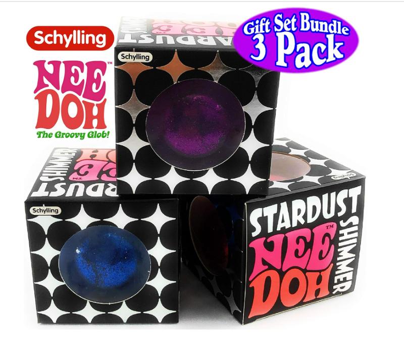 Nee-Doh Schylling Stardust Shimmer Groovy Glob! Squishy, Squeezy, Stretchy Stress Balls Blue, Red & Purple Complete Gift Set Party Bundle - 3 Pack stress  relief