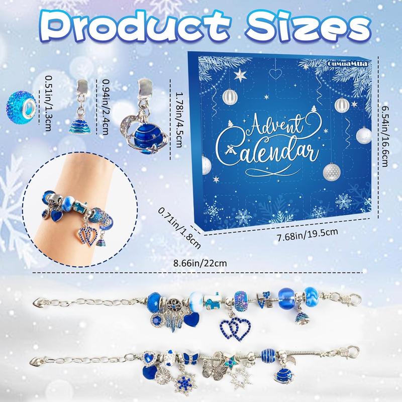 OuMuaMua Advent Calendar Charm Bracelets DIY Kit for Girls with Blue Beads - 24 Days Countdown Calendar Xmas Gift for Kids, Teens and Adults