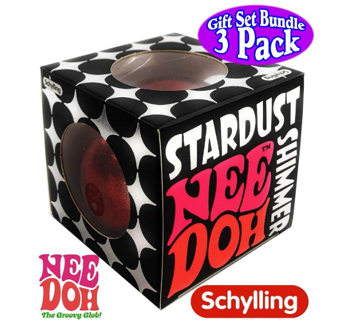 Nee-Doh Schylling Stardust Shimmer Groovy Glob! Squishy, Squeezy, Stretchy Stress Balls Blue, Red & Purple Complete Gift Set Party Bundle - 3 Pack stress  relief