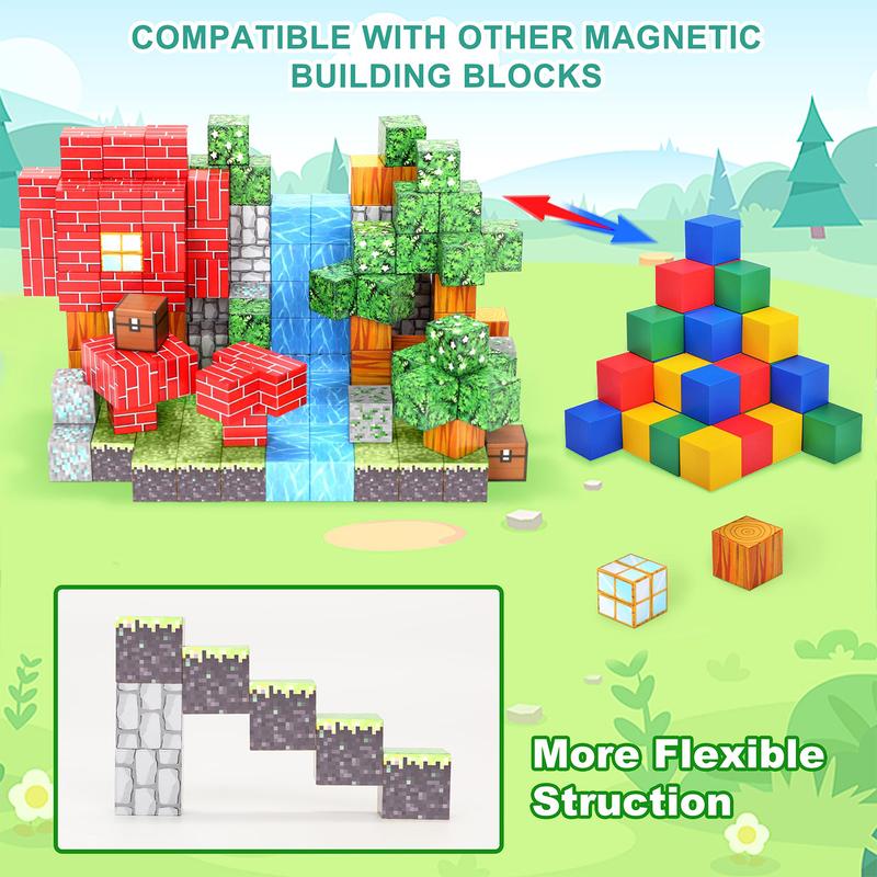 102-piece Magnetic Brick World Set for Kids - Pixel Magnet Building Block Toy for Kids 3+, Miner Forest Educational Sensory Game - Christmas Halloween Birthday Gift for Boys and Girls