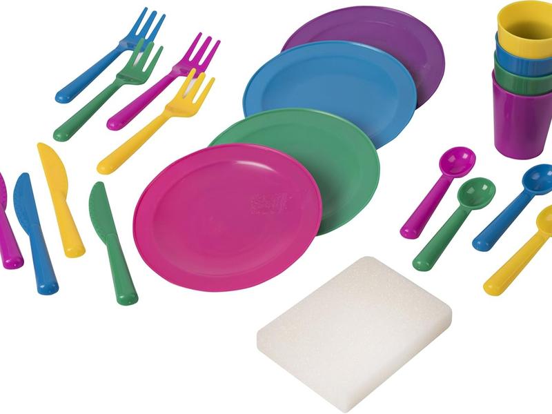 Toys Pretend Play Dishes Playset – Little Chef Kitchen Set, Kids Cooking Serving Dishes - Play Cups, Pans, Cutlery, Ladle, Tableware, Pots and Dish Drainer, Set of 28