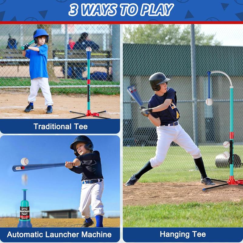 3-in-1 Baseball Set Kids Toy: Hanging Hitting Tee Ball Set for Toddlers + Youth with Auto Ball Launcher 6 balls 2 Bats Outdoor&Indoor Sports Toy Birthday Gifts for 3 4 5 6 7 8 8-12 years old Boys Girl