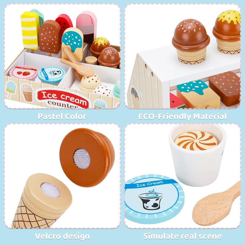 Christmas Wooden Ice Cream Toys for Kids Ice Cream Counter Shop for Toddlers Pretend Play Food Scoop and Serve with Scoop & Menu & Fake Money for Boys and Girls