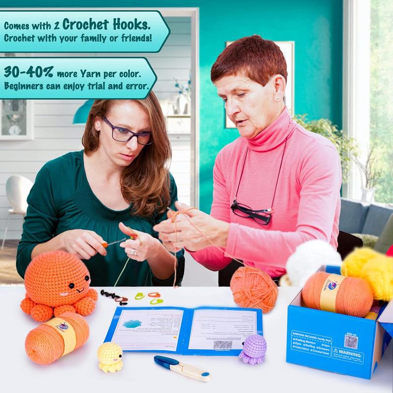 Crochet Kit for Beginners, Amigurumi Crocheting  Kits w Step-by-Step Video Tutorials, Knitting Starter Pack for Adults and ,  3 Nestable Octopus Familly (40%+ Yarn Content)