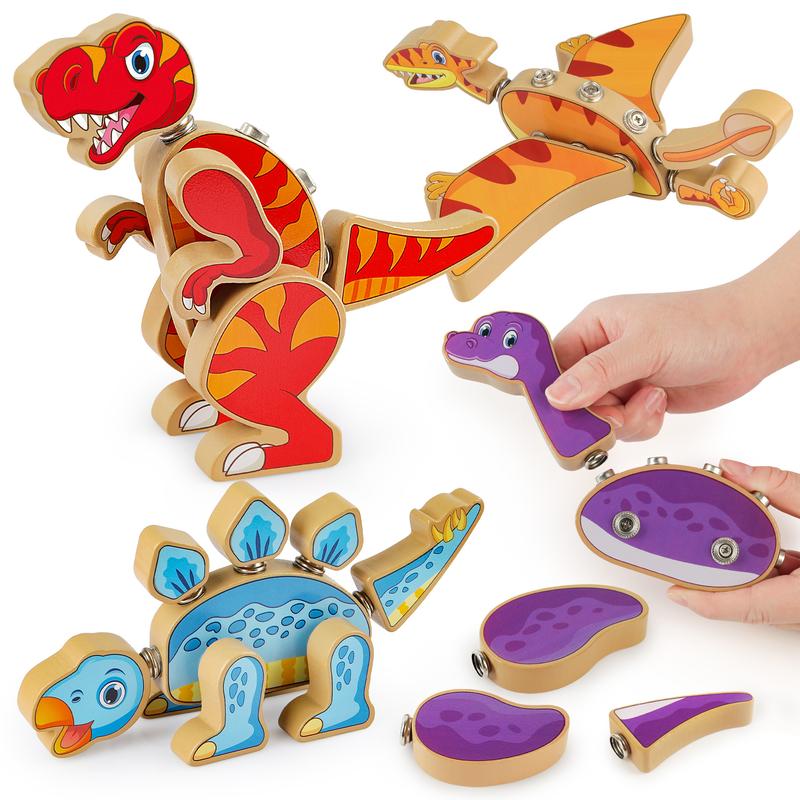 Wooden Snap-on Dinosaur Builders, Educational Dinosaur Building Block Set Toy Gift for Kids