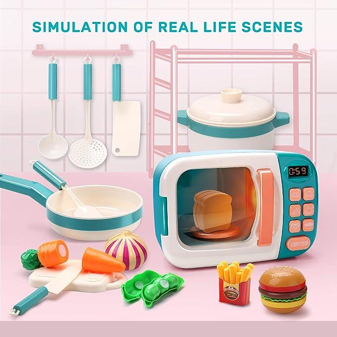 CUTE STONE Microwave Toys Kitchen Play Set, Pretend Play Electronic Oven with Play Food, Cookware Pot and Pan Toy Set, Great Learning Gifts