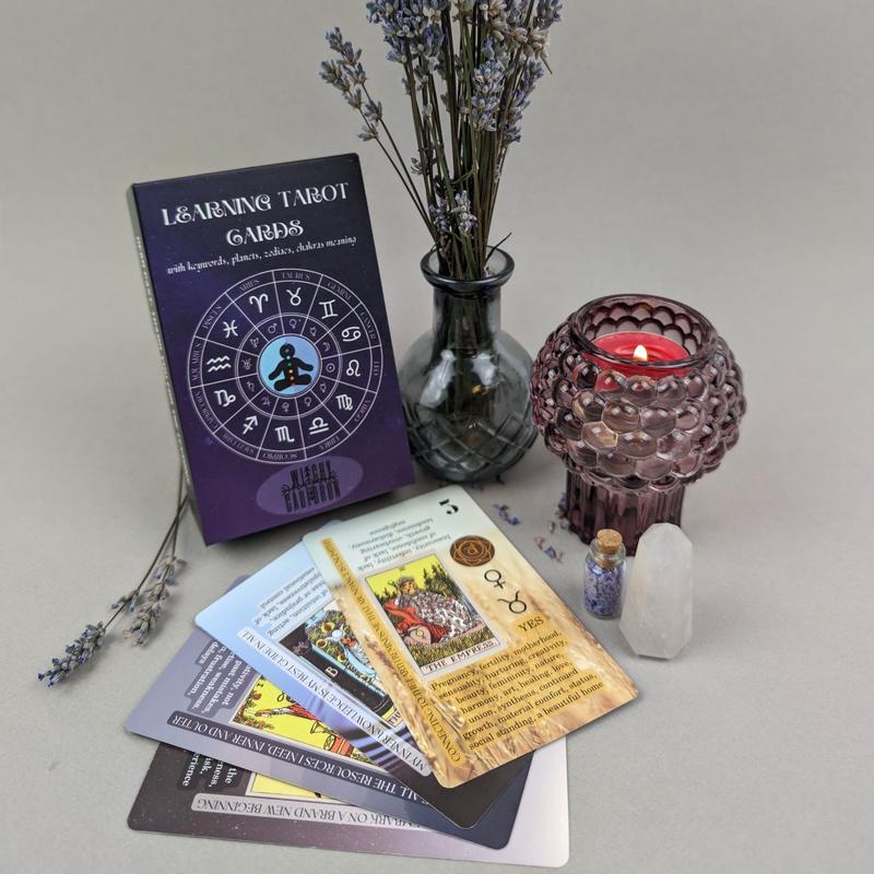 Learning Tarot Cards Deck, Tarot Cards for Beginners with Meanings on Them, Keywords, Chakra, Planet, Zodiac, Element, Yes or No, Affirmations