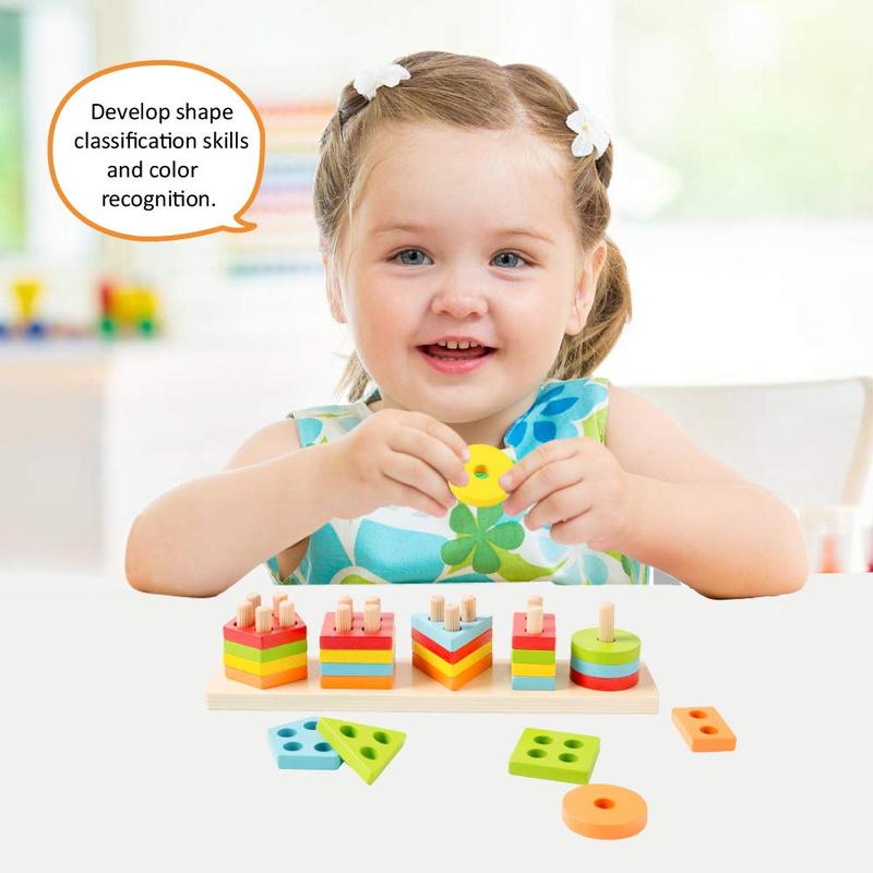 Wooden Sorting & Stacking Toy, Shape Sorter Toys for Toddlers, Montessori Color Recognition Stacker, Early Educational Block Puzzles for Kids Boys and Girls (5 Shapes)