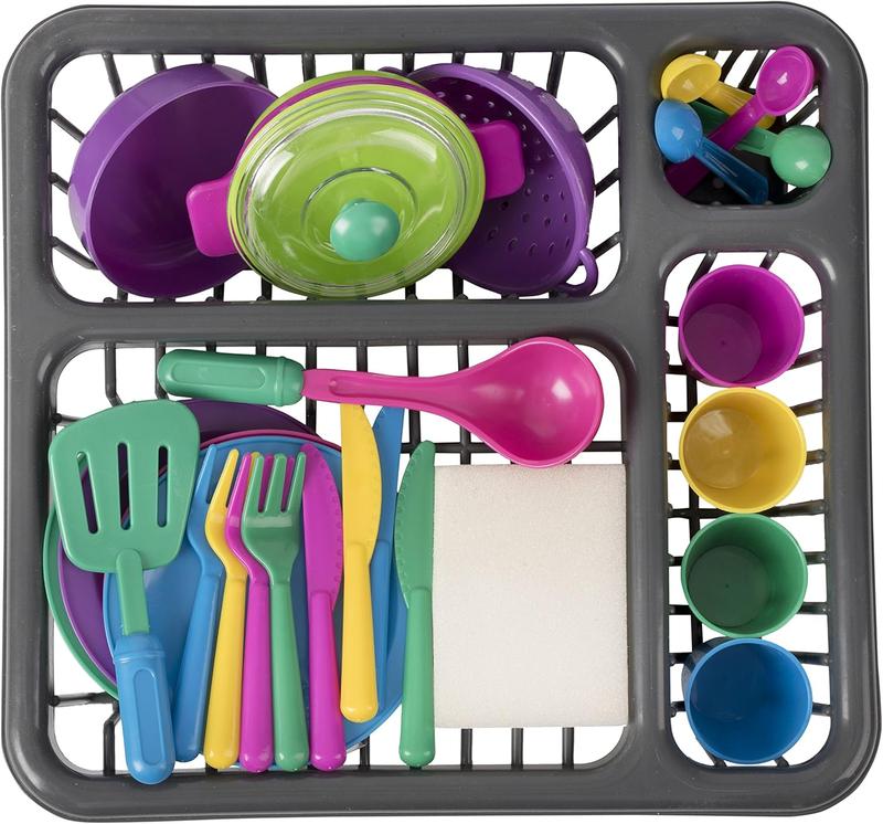 Toys Pretend Play Dishes Playset – Little Chef Kitchen Set, Kids Cooking Serving Dishes - Play Cups, Pans, Cutlery, Ladle, Tableware, Pots and Dish Drainer, Set of 28