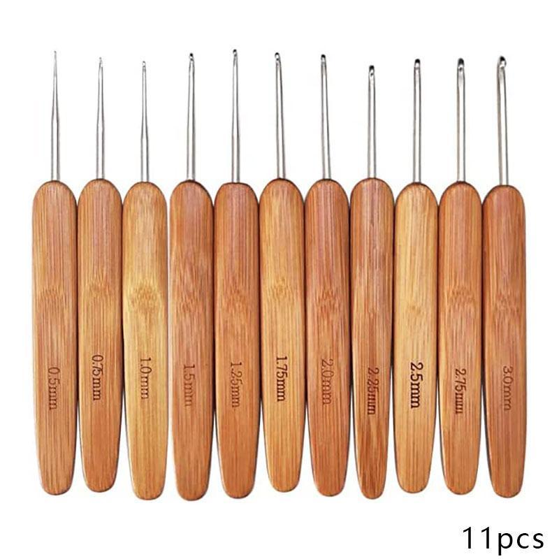 11pcs set Crochet Hooks Ergonomic Crochet Needles, Bamboo Wooden Handle Small Size Crochet Hook (0.5-3.0 Mm) Knit Weave Yarn Craft Diy Sewing Tools For Fine Work, Thin Yarn And Lace Knitting