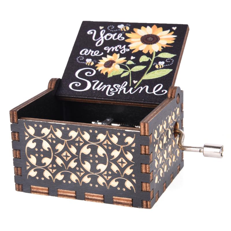 You are My Sunshine Wood Music Boxes, Laser Engraved Vintage Wooden Sunshine Hand Crank Musical Box Gifts for Birthday Christmas Anniversary tonie figur