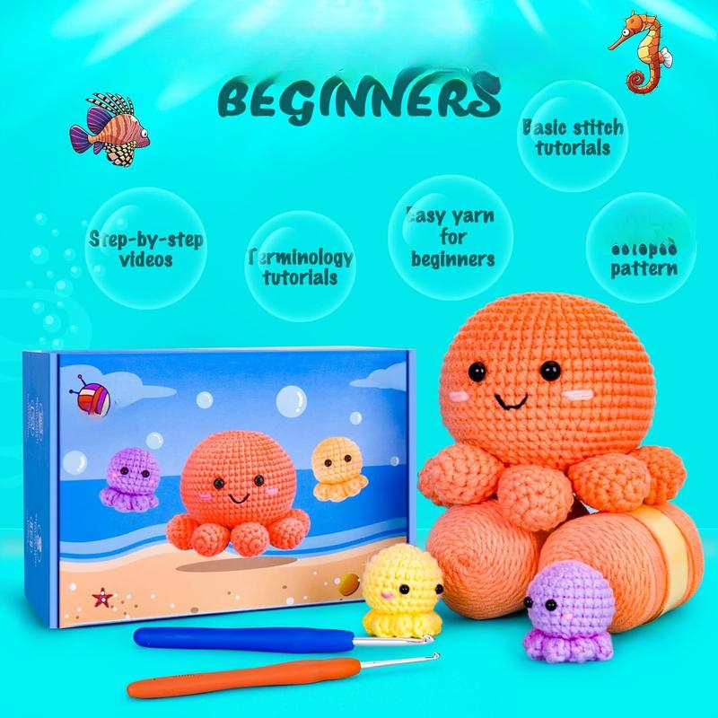 Crochet Kit for Beginners, Amigurumi Crocheting  Kits w Step-by-Step Video Tutorials, Knitting Starter Pack for Adults and ,  3 Nestable Octopus Familly (40%+ Yarn Content)