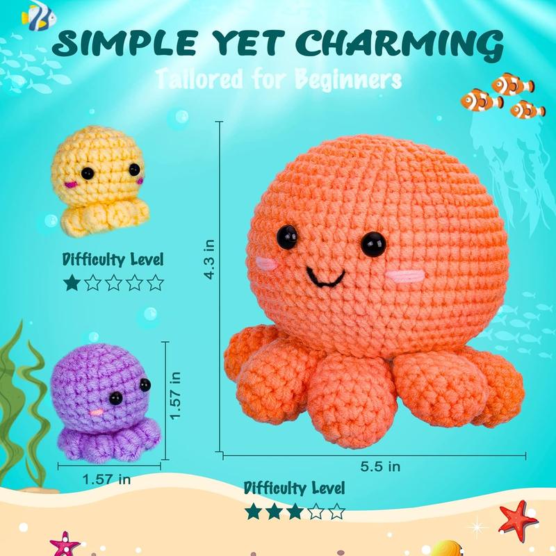 Crochet Kit for Beginners, Amigurumi Crocheting  Kits w Step-by-Step Video Tutorials, Knitting Starter Pack for Adults and ,  3 Nestable Octopus Familly (40%+ Yarn Content)