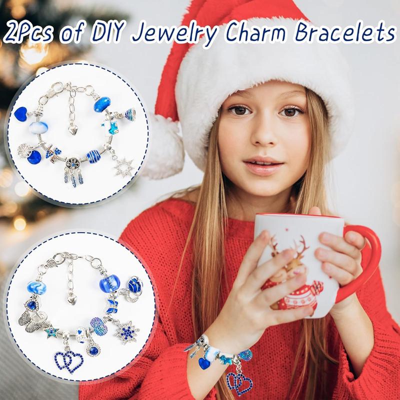 OuMuaMua Advent Calendar Charm Bracelets DIY Kit for Girls with Blue Beads - 24 Days Countdown Calendar Xmas Gift for Kids, Teens and Adults