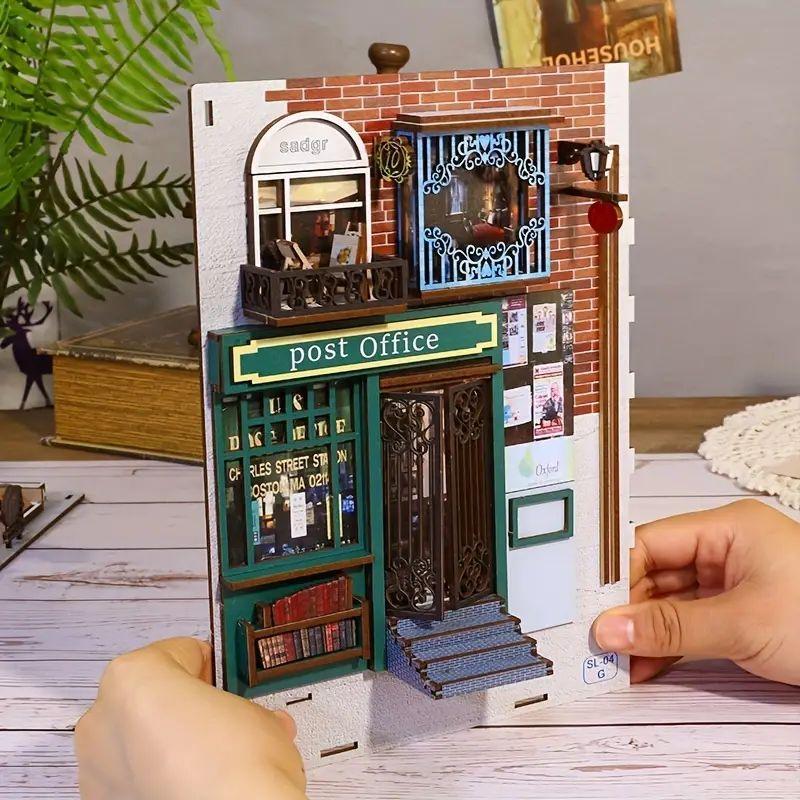 DIY Wooden Book Stand Kit, DIY Micro Toy House Kit, 3D Wooden Bookshelf Insert Decoration with Light Sensor, Stocking Fillers Gift