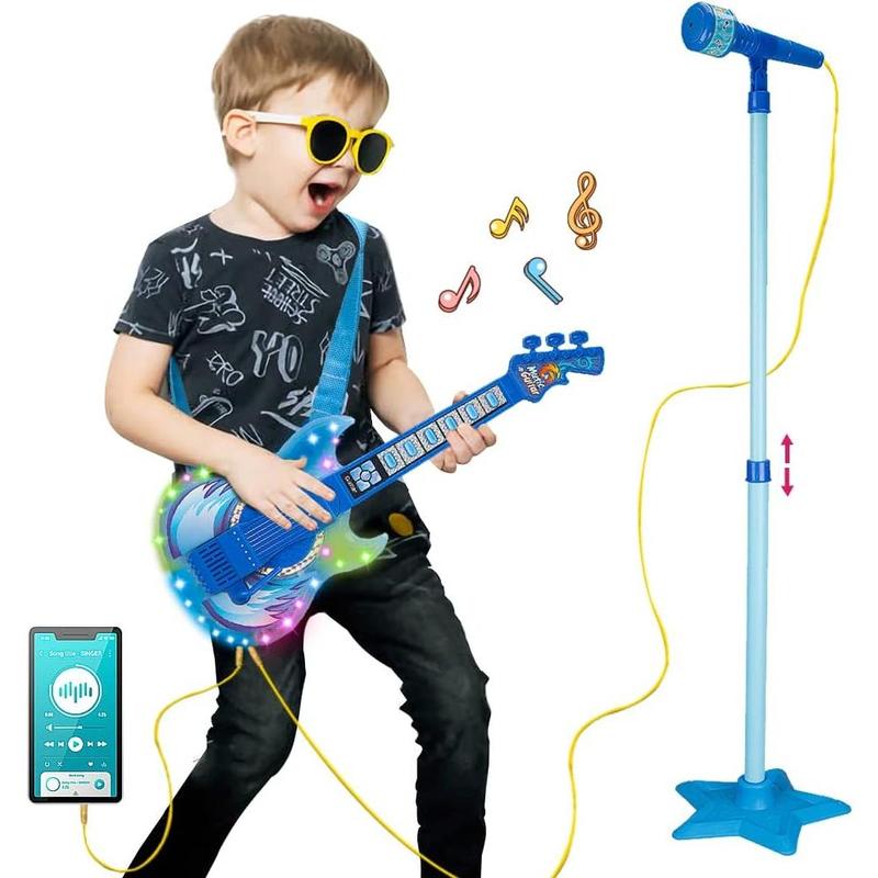 TAKIHON Guitar and Microphone Set for Kids,Guitar Toys with Music&Colorful Light,Adjustable Height Microphone with Stand,Karaoke Toys Gift for Boy,Girls,Toddlers(Red)-Upgraded,Easter Basket Stuffers