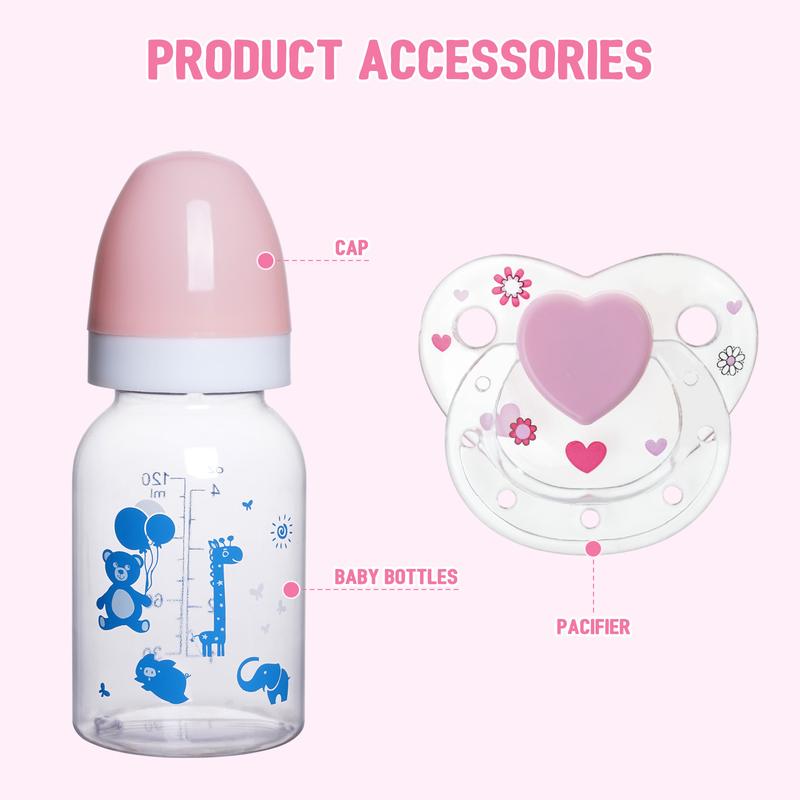 BABESIDE Baby Doll Bottle and Magnetic Pacifier Set, Baby Doll Accessories for Reborn Baby Dolls, Pretend Play Feeding Toy Kids Gift (Pink)