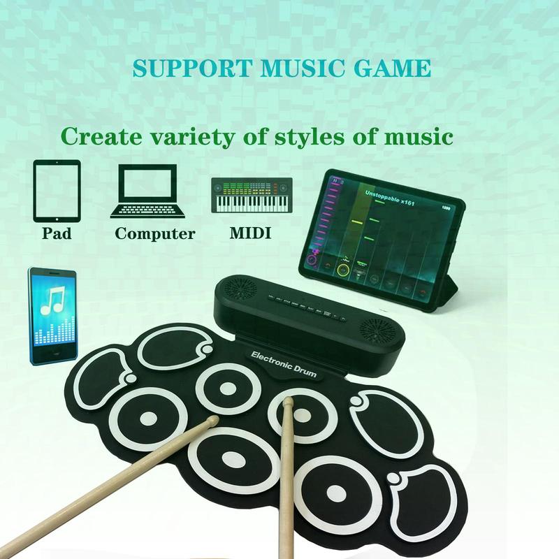 Electronic Drum Set, 9 Drum Practice Pad with Headphone Jack, Roll-up Drum Pad Machine, Built-in Speaker Drum Pedals Drum Sticks