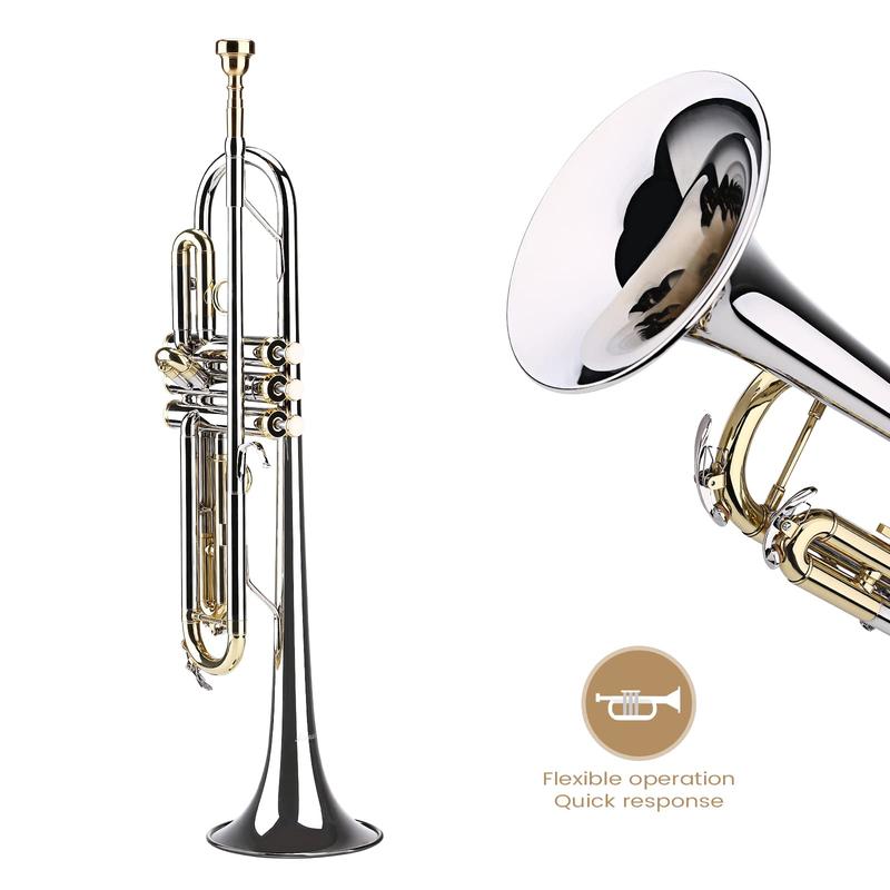 Asmuse Bb Standard Trumpet Set for Beginner, Brass Student Trumpet Instrument with Hard Case (Silver)