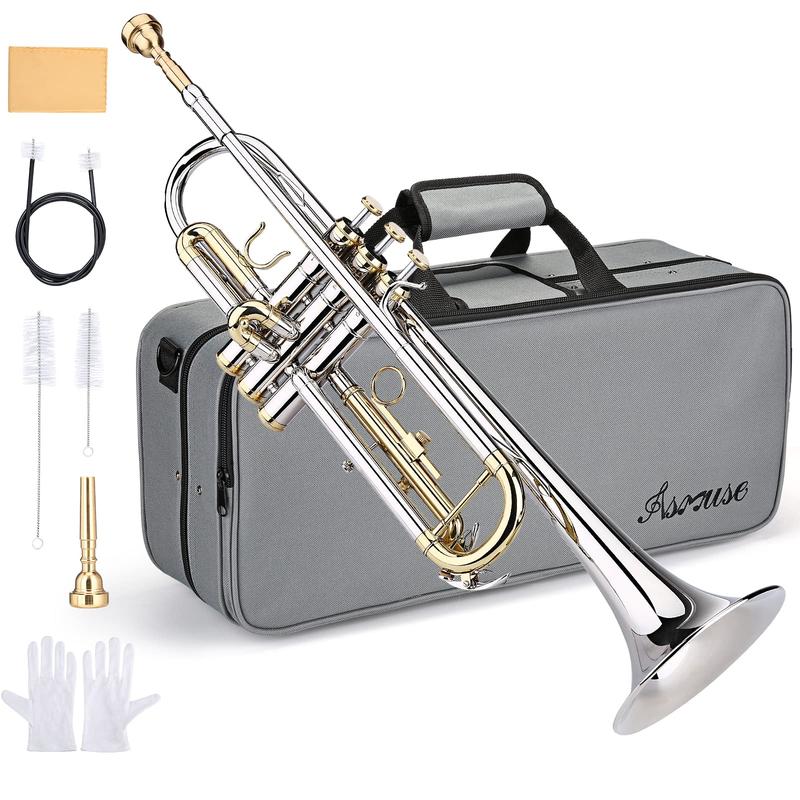 Asmuse Bb Standard Trumpet Set for Beginner, Brass Student Trumpet Instrument with Hard Case (Silver)