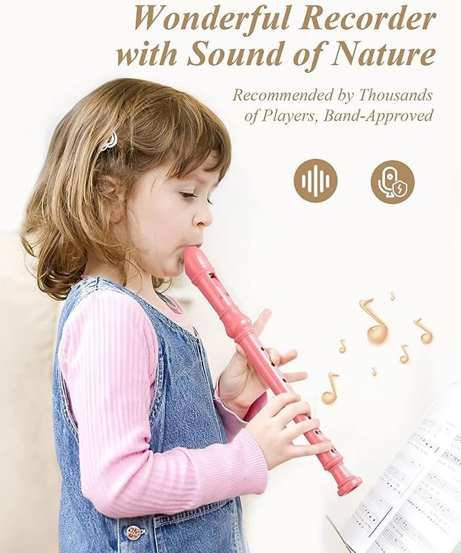 Eastar Soprano Recorder Instrument for Kids Beginners, German Fingering C Key Recorder Instrument 3 Piece with Cleaning Kit, Thumb Rest, Cotton Bag, Fingering Chart, ERS-21GP, Pink, School-Approved