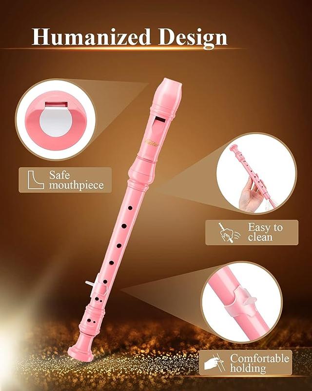 Eastar Soprano Recorder Instrument for Kids Beginners, German Fingering C Key Recorder Instrument 3 Piece with Cleaning Kit, Thumb Rest, Cotton Bag, Fingering Chart, ERS-21GP, Pink, School-Approved