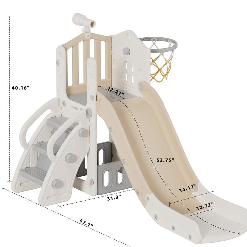 KORIMEFA 5 in 1 Toddler Slide Set Climber Slide for Kids, Outdoor Indoor Playset with Basketball Hoop, Telescope, and Storage Space