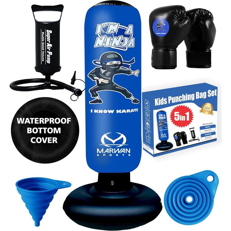 2024 Upgraded 5-in-1 Kids Punching Bag Set – Inflatable Boxing Bag Toy with Instant Bounce Back, Gloves, Air Pump, Protective Base Cover & Funnel, Gift for Boys Age 3-12