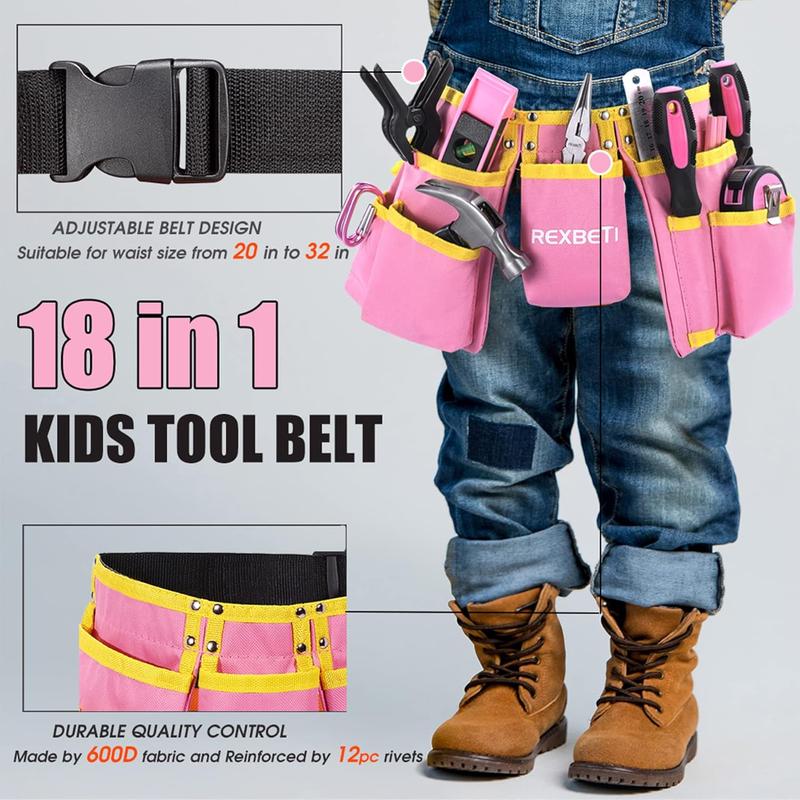 REXBETI 18pcs Pink Young Builder's Tool Set with Real Hand Tools, Reinforced Kids Tool Belt, Waist 20