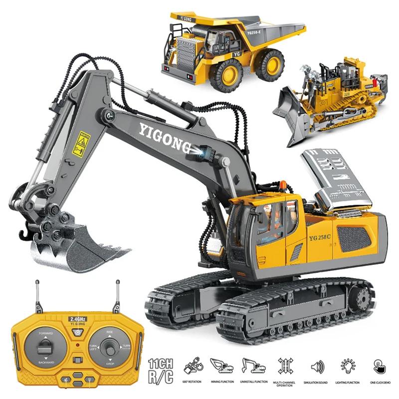 Alloy 2.4G 11 9 CH Remote Control Excavator RC Model Car Toys Dump Truck Bulldozer Engineering Vehicle With Led Lights Music,Christmas Birthday Gifts Engineering Car Children Electric Toy