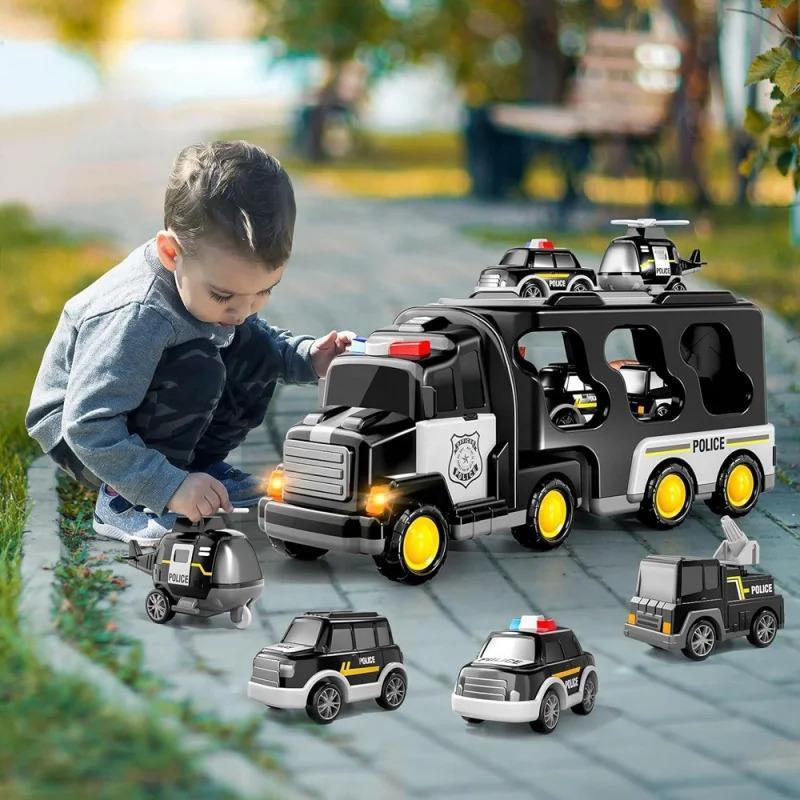 5 in 1 Inertial Double-deck Police Vehicle Toy, 1 Set Friction Power Transport Truck, Police Carrier Truck Toy with Lights Music, Toy Car for Boys