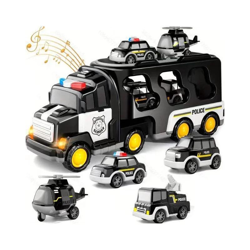 5 in 1 Inertial Double-deck Police Vehicle Toy, 1 Set Friction Power Transport Truck, Police Carrier Truck Toy with Lights Music, Toy Car for Boys