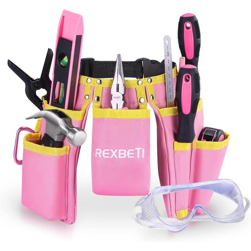 REXBETI 18pcs Pink Young Builder's Tool Set with Real Hand Tools, Reinforced Kids Tool Belt, Waist 20