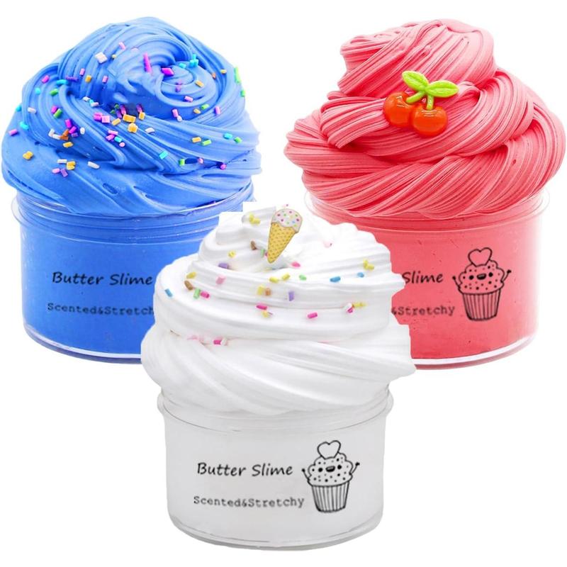 3-piece Butter Slime set, blue, white and red, Children's party favors, goodie bag toys, Easter Egg stuffing, Christmas stocking stuffing, toys for boys and girls