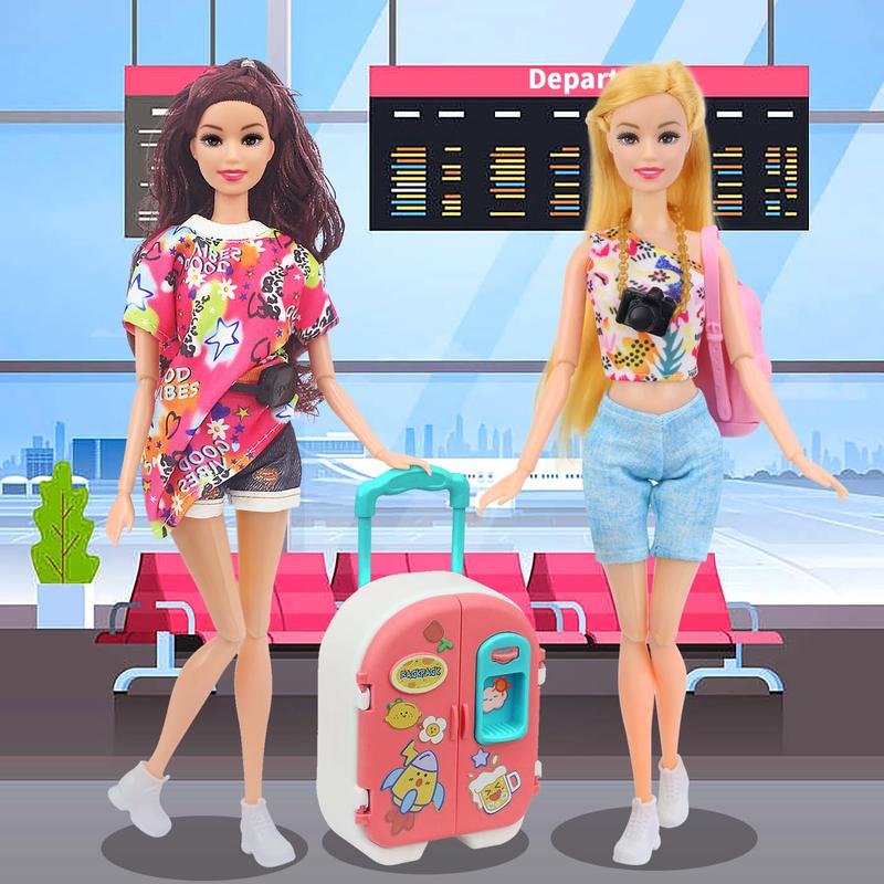 16 Pcs Doll Clothes and Accessories for 11.5 Inch Girl Dolls, Fashion Travel Suitcase Set Including Blue Jean Skirts, Bags, Food Magazines etc